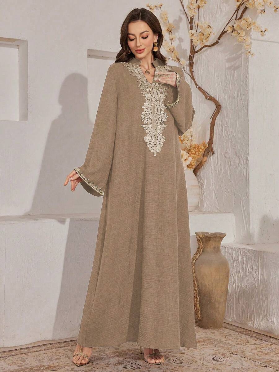 Al Najma Stand Collar Embroidered Floral Decor Dress, Elegant Style - Brown - View 1