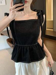 FRIFUL 女士纯色打结荷叶边下摆休闲无袖牛仔上衣 夏季 - 黑色 - 查看 3