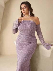 Plus Size Beaded Lace Off Shoulder Elegant Evening Dress - Purple - View 4