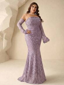 Plus Size Beaded Lace Off Shoulder Elegant Evening Dress - Purple - View 6