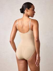 Veilyse 1pc Women Seamless Fixed Cup Camisole Bodysuit With Waist Cincher, Slimming - Apricot - View 2