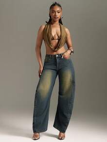 Denimoi Quần jeans ống rộng đã qua xử lý với đường may nhún ở mặt trong, phong cách đường phố thời trang. - Rửa trung bình - Xem 3