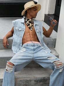 GALLERY FADE Men's Casual Street Style Distressed Denim Vest - Light Wash - View 3