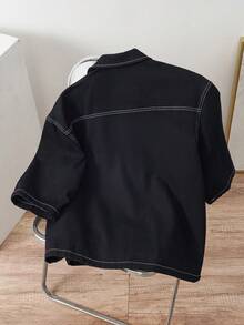 Manfinity Joysei New Casual Black Collar Short Sleeve Jacket - Black - View 2