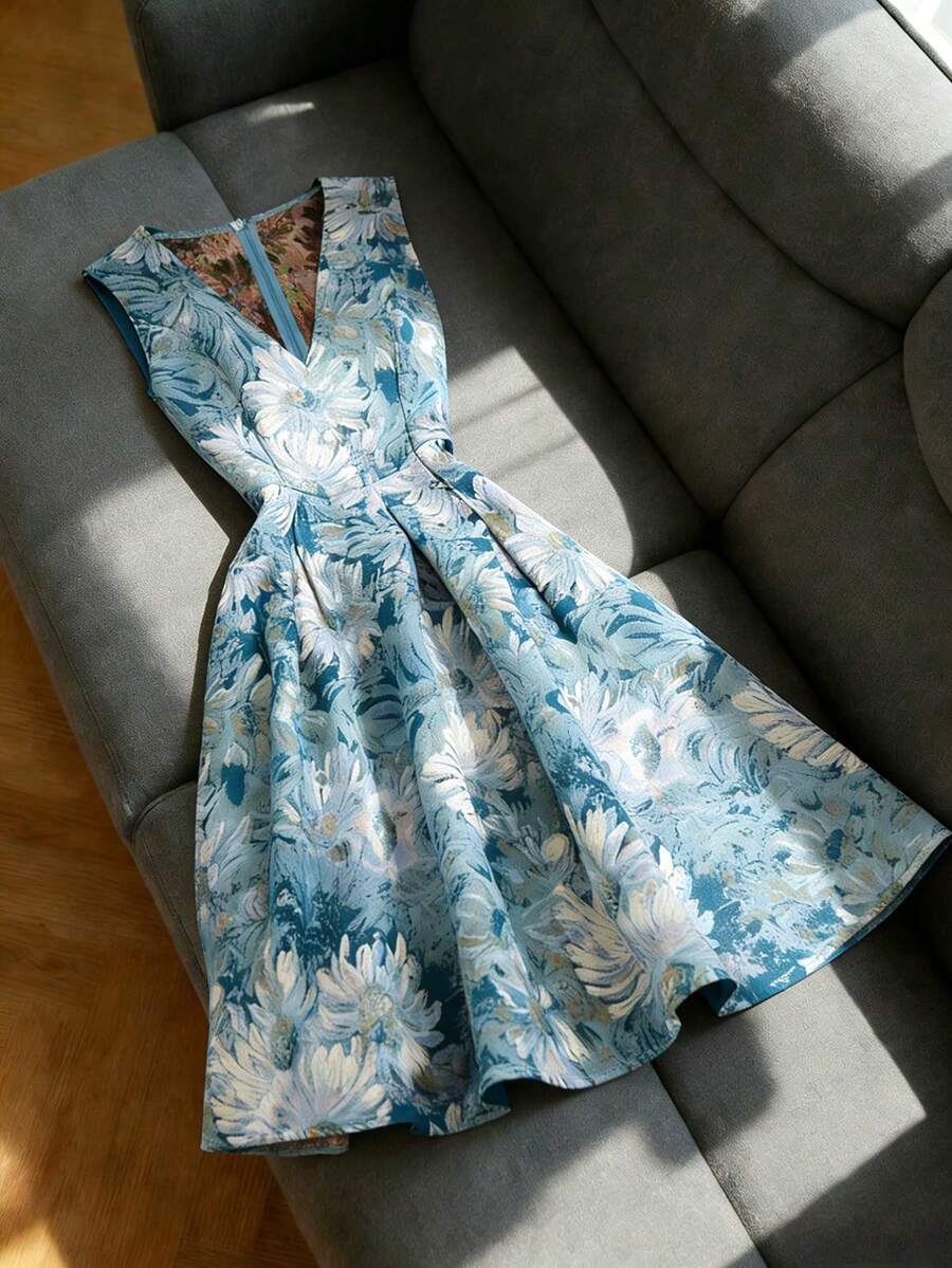 SHEIN Franclia Đầm dệt jacquard cổ chữ V sâu, gợi cảm, dáng dài ngang gối, thích hợp cho kỳ nghỉ, dành cho nữ. Đầm hoa xanh dương, đầm hoa mùa xuân, đầm thanh lịch mùa hè, đầm hè dài đến đầu gối, đầm Hàn Quốc, đầm hoa, đầm thời trang, đầm hè xanh dương, đầm hè thanh lịch, đầm hoa xanh dương, đầm xuân xanh dương, đầm dự tiệc vườn, đầm trà chiều, đầm biển, đầm xuân nữ, đầm hè nữ, đầm nữ, đầm lễ Phục sinh nữ, đầm ấn tượng, đầm hoa nữ, đầm xuân hè, đầm xếp ly, đầm đáng yêu. - Màu xanh lam - Xem 1