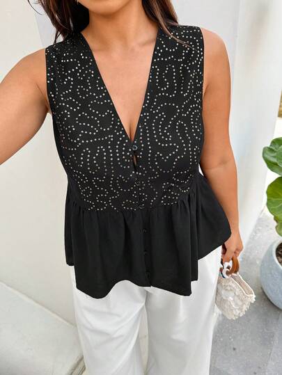 Auralis 大码女式V领无袖上衣，饰有圆形图案