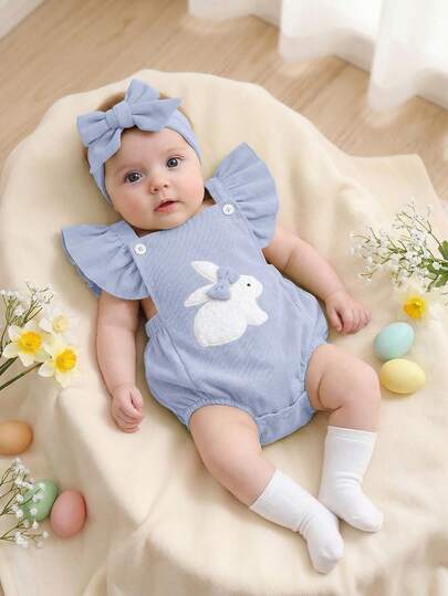 SHEIN Playful Pals 2pcs/Set Cute Rabbit Embroidery & Pom Pom Decor Infant Romper & Suspender Outfit, Summer