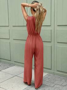 Serisse Damen einfarbiger V-Ausschnitt plissierter verdrehter Casual Jumpsuit für den täglichen Gebrauch - Rotbraun - Übersicht 2