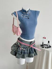 SHEIN Áo sơ mi denim dáng ôm cổ tàu tay ngắn dành cho nữ. - Màu xanh lam - Xem 5