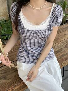 DAZY Women's Korean Style Blue Plaid Puff Sleeve Blouse - Blue - View 6