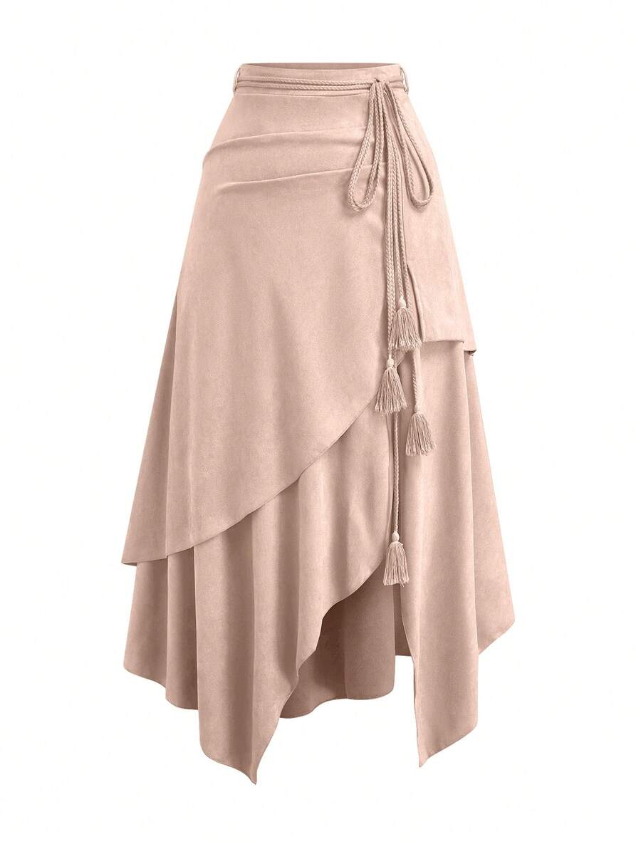 Sweetra Plus Size Vintage Suede Skirt, Elastic Waist Asymmetrical Hem A-Line Skirt, Suitable For Spring And Autumn - Khaki - View 1