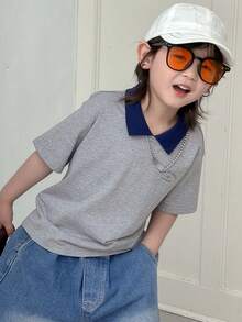DAZY Young Boy Contrast Color Collar Short Sleeve Casual Loose T-Shirt Summer - Grey - View 5