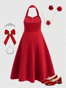 Đầm cổ yếm nữ với phần vai và cổ khoét sâu tinh tế, điểm nhấn là đường viền cổ hình trái tim và chi tiết xếp ly xoắn ở ngực, thiết kế thắt eo và chân váy chữ A, thích hợp cho mùa xuân và mùa thu. - Đỏ - Xem 2