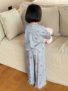 DAZY Young Girl Butterfly Print Button-Up Long Sleeve Top And Wide Leg Pants Pajama Set - Grey - View 4