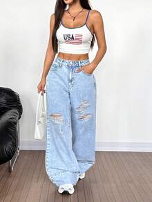 SHEIN Tall Pantalones vaqueros anchos de cintura alta con efecto desgastado y rasgados en azul claro con lavado ácido, pantalones vaqueros anchos y desgastados con bolsillos perfectos para looks de streetwear y grunge - Lavado ligero - Ver 4