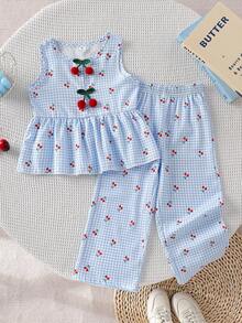 SHEIN Vintaside Kids Young Girls 2pcs Set: Sleeveless Plaid & Cherry Print Top With 3D Cherry Decor + Loose Wide Leg Pants, Suitable For Casual, Beach, Holiday, Summer - Blue - View 3