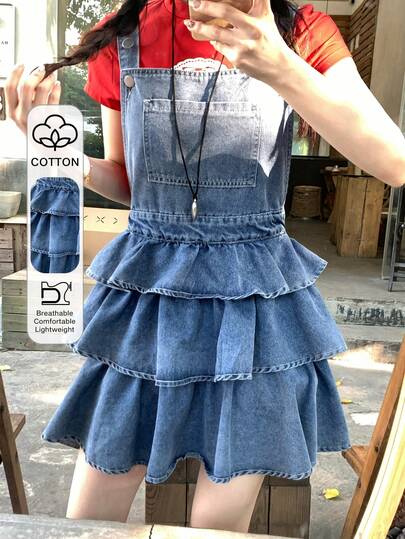 FRIFUL Women's Solid Color Square Neck Sleeveless Ruffle Hem Denim Summer Dress