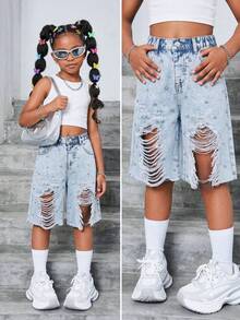 2026春夏新款少女做旧牛仔短裤，高腰设计，宽松直筒裤型，水钻装饰，舒适柔软面料，适合街头、学校、通勤、派对、居家、度假等多种场合，夏季必备 - 淺色水洗藍 - 查看 1