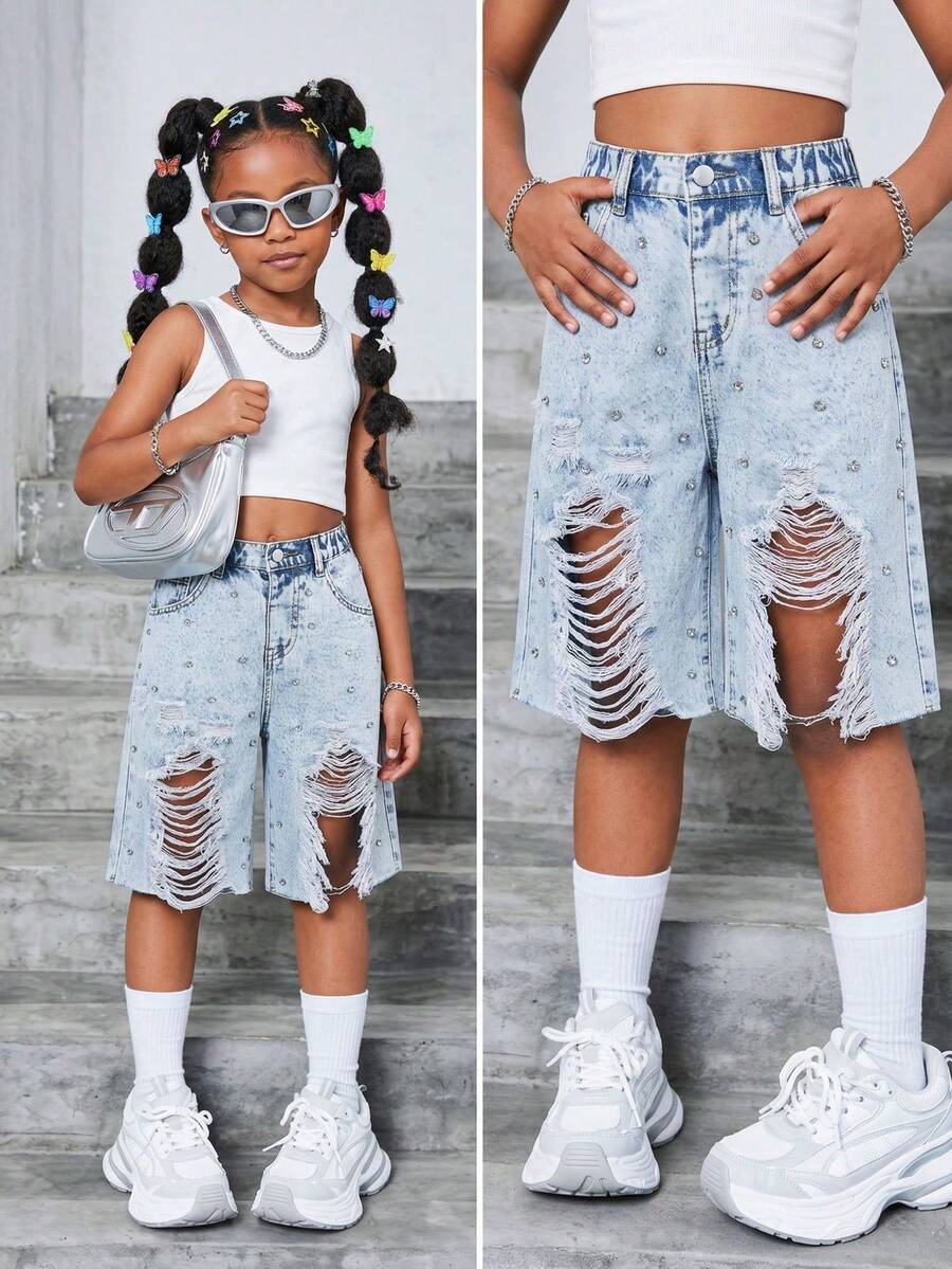 2026春夏新款少女做旧牛仔短裤，高腰设计，宽松直筒裤型，水钻装饰，舒适柔软面料，适合街头、学校、通勤、派对、居家、度假等多种场合，夏季必备 - 淺色水洗藍 - 查看 1