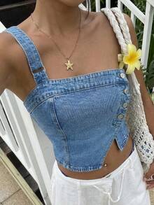 Sunnyshic Top asimétrico de hombro de mezclilla lavada de moda casual - Azul lavado medio - Ver 10