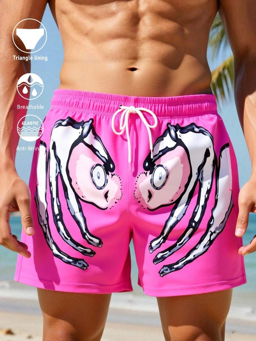 Manfinity Swimmode Men's Casual Cartoon Print Beach Shorts - Pink - View 1