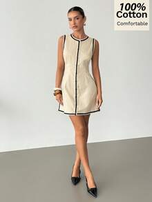 Siren Gaze Đầm ngắn phối màu tương phản bằng chất liệu cotton nguyên chất, hàng mới về mùa xuân dành cho nữ. - Màu be - Xem 4