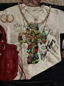 Rovax Loose Fit Cross & Letter Print Round Neck Drop Shoulder Short Sleeve T-Shirt - Multicolor - View 4