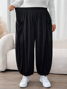 Enliva Plus Size Black Loose Knit Long Women Jogger Pants, For Apple And Rounded Body Shape - Black - View 4