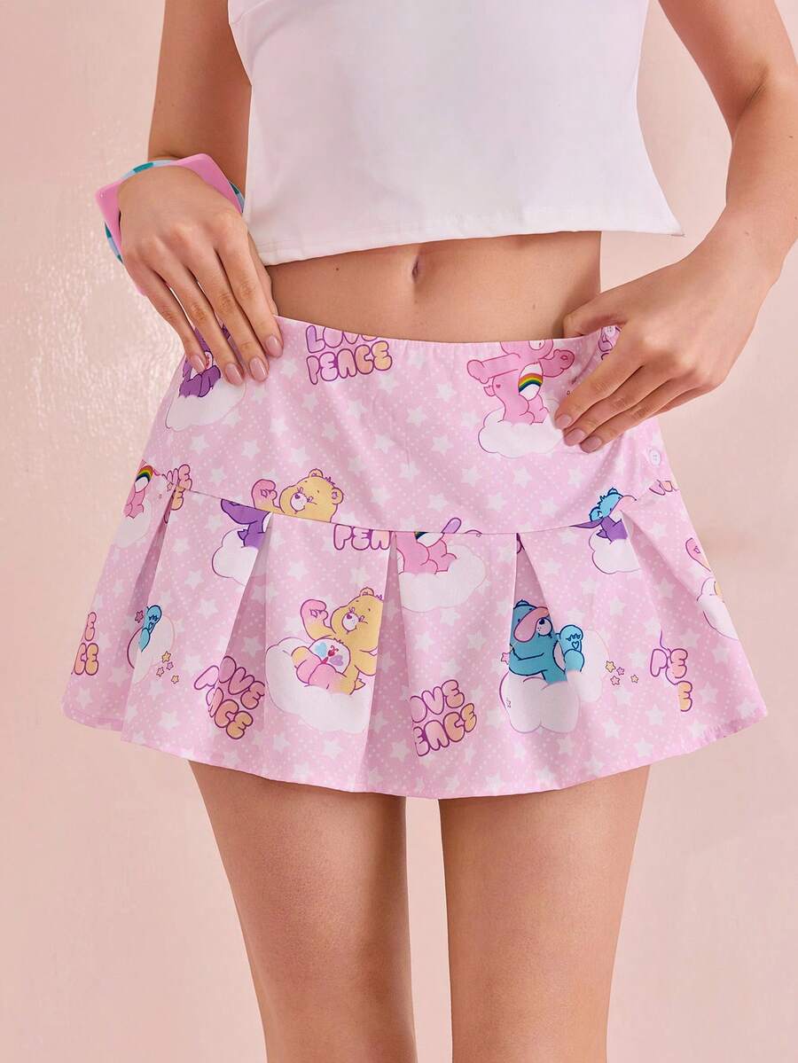 SHEIN X Care Bears Chân váy chữ A in họa tiết hoạt hình dành cho nữ. - Hồng - Xem 1