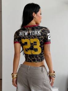 Coolane Women's Summer Streetwear Sexy Casual Game Day Going Out Y2K Number Pattern Leopard Sparkly Rhinestone Stretchy Comfortable Slim Fit T-Shirt,Summer Top - Multicolor - View 7