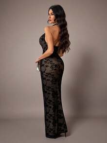 SHEIN Tall 黑色植绒垂褶领系带长裙，适合秋冬季节，可作圣诞节、伴娘礼服、婚礼季蕾丝长裙、黑色长裙、正式邮轮晚宴礼服 - 黑色 - 查看 3