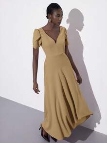 Aveloria Modichic 女士时尚V领收腰褶皱喇叭形纯色针织无袖连衣裙，优雅欧美风，适合春夏穿着 - 卡其色 - 查看 5