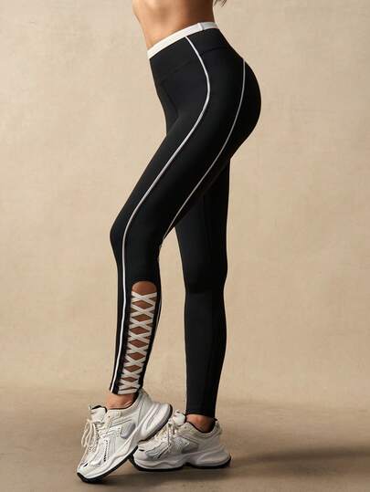 VARSIVA Contrast Trim Hollow-Out High Waist Seamless Leggings