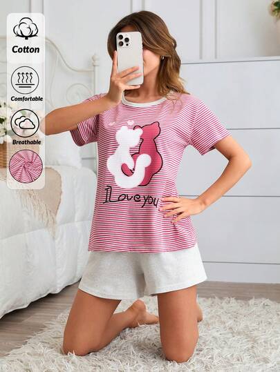 SHEIN Women Cotton 2 Pcs Striped With Lettered&Cats Printed Round Neck Short Sleeved Shirt & Solid Colour Shorts Homewear Cımfort Casual Pajama Set