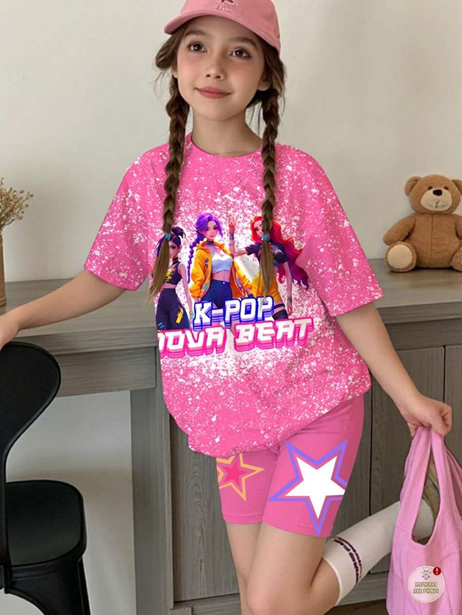 2件套,少女休闲韩流女团字母星星印花可爱卡通韩流圆领短袖T恤和短裤套装,适合夏季郊游、度假、演唱会、节日等场合。 - 彩色 - 查看 1