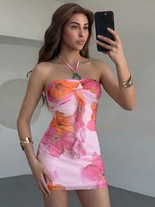 Aloruh 女士印花荷叶边露背吊带系带迷你连衣裙，适合度假、夏季海滩度假、波西米亚风、热带派对、音乐节、伊比沙岛等场合。 - 彩色 - 查看 2