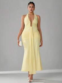 SHEIN Tall CURVE Plus Size Elegant Sexy Solid Color Backless Halter Fishtail Dress - Yellow - View 5