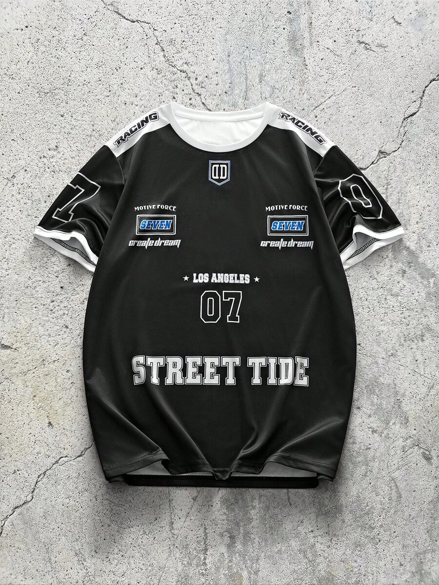 EVRINFINITE 1 Áo thun nam phong cách đường phố thường ngày, chất liệu vải dệt kim polyester, cổ tròn, in họa tiết, dáng regular fit, áo mùa hè, áo bóng đá mùa hè. - màu đen - Xem 1