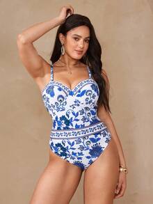 Swim Oasis Plus Size Chinoiserie Print Swimsuit With Padded Bust,Supportive One-Piece Swimwear,Loose White Summer Elegant Flowy Beach Holiday Cover-Up - Multicolor - View 3