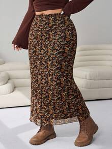 Enliva 2025 Autumn/Winter New Casual Outgoing Daily Wear Party Date Holiday Multi-Occasion Versatile Elastic Waist Earth Tone Ditsy Floral High Stretch Mesh Print Plus Size Skirt, For Apple And Rounded Body Shape - Multicolor - View 4
