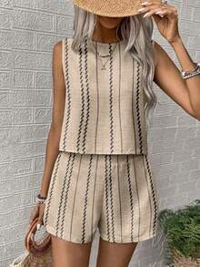 EMERY ROSE 2 件套女士宽松休闲条纹圆领背心和短裤套装，夏季，女士休闲纽扣常规版型杏色短裤女式两件套服装，春夏，休闲日常装 - 杏色 - 查看 6