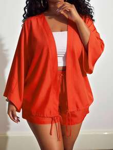 Slaydiva 2pcs/Set Plus Size Women's Music Festival Tie Front Long Sleeve Top And Shorts,Red And White,Autumn,Smart Casual,Vacation Orange Kimonos Yacht Outfit - Orange - View 12