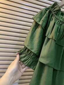 Franclia Áo kiểu nữ màu xanh ô liu, cài cúc, viền bèo nhún, dáng rộng. - xanh quân đội - Xem 5