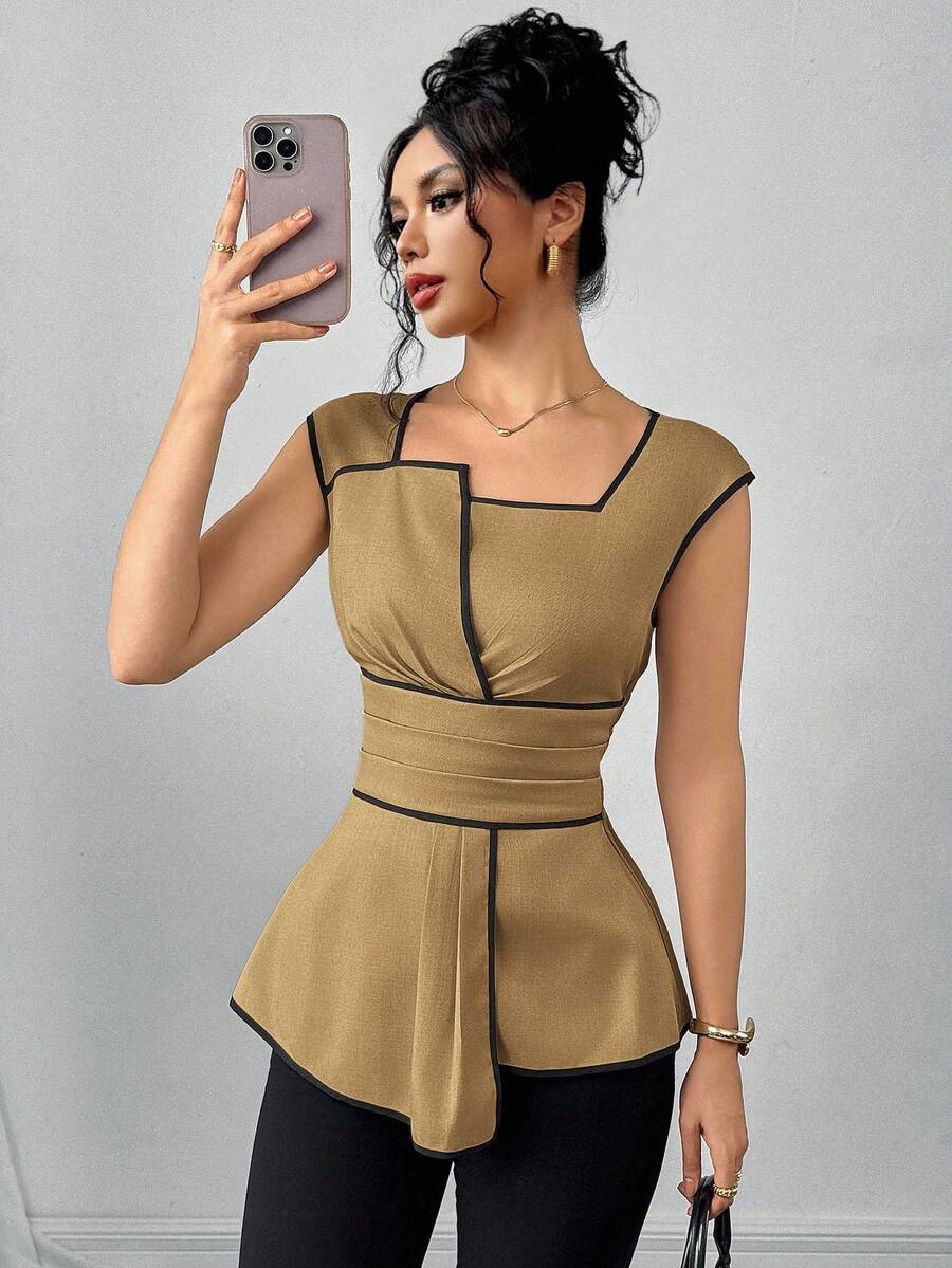 SHEIN Clasi 女士休闲褶裥边饰百搭日常衬衫 - 棕色 - 查看 1