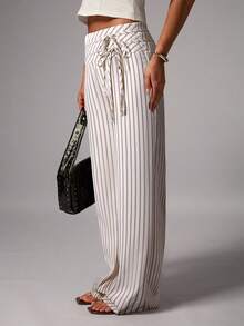 Avenya 杏色条纹高腰双腰系带阔腿裤 - 彩色 - 查看 4