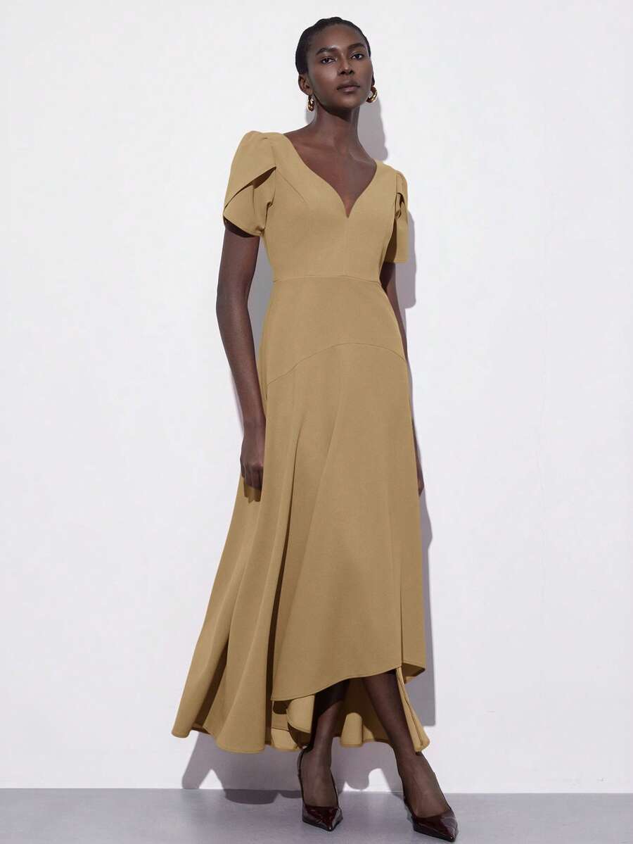 Aveloria Modichic 女士时尚V领收腰褶皱喇叭形纯色针织无袖连衣裙，优雅欧美风，适合春夏穿着 - 卡其色 - 查看 1