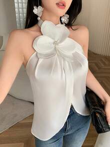 Feyla 女士纯色3D立体花卉装饰吊带背心 - 白色 - 查看 4