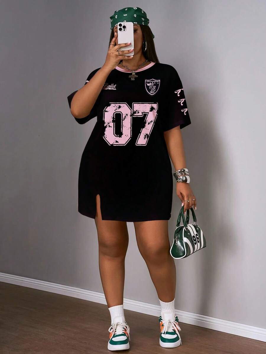 Slaydiva Casual Minimalist Round Neck 07 Number & Letter Badge Print Racing Suit, F1 Fashion Streetwear Style Plus Size Dress, Sports Uniform - Multicolor - View 1
