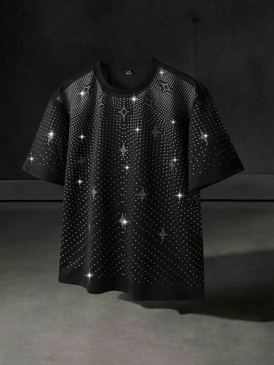 STYNVO Men's Fashion Rhinestone Decor Round Neck Short Sleeve T-Shirt, Summer Black T Shirt For Men Men S Beaded Tops - Black - View 1