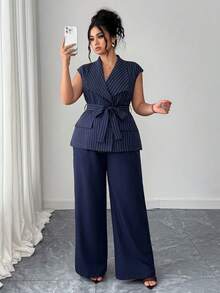 Elenzga Plus Size Women's Elegant Asymmetrical Lapel Open Front Blazer With Belt & Wide Leg Pants 2 Pieces Set, Spring/Summer - Blue and White - View 4